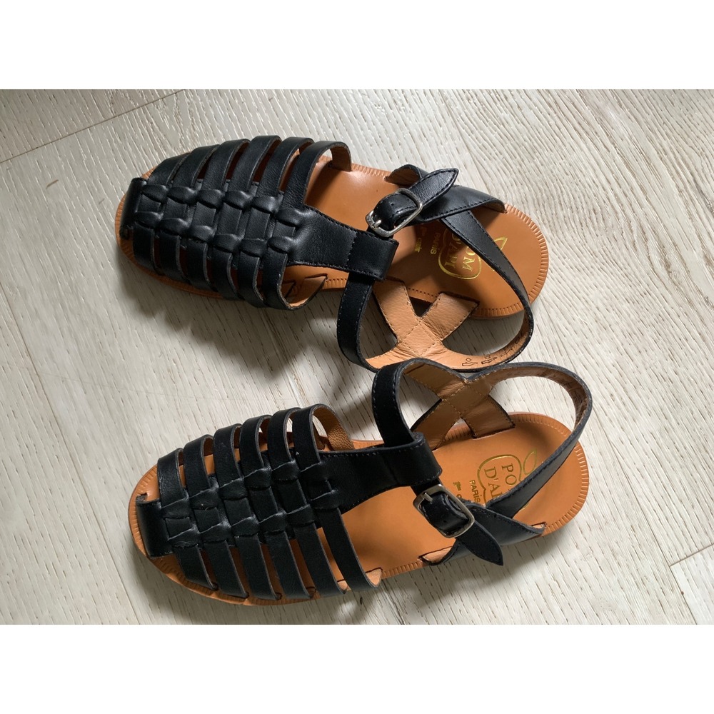 Pom D'Api Paris Kids Black Leather Fisherman Sandals Huarache Buckle Size 30
